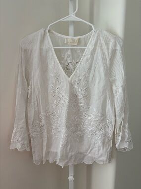 Love Sam White Embroidered Cotton Blouse Boho Floral V Neck Small